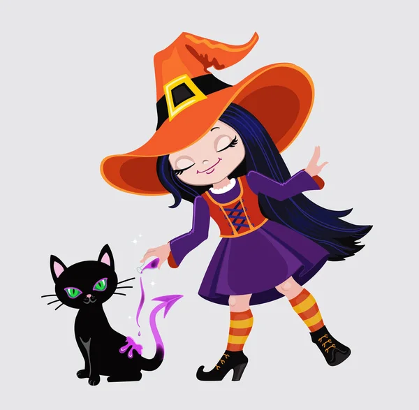 Mignonne Sorcière Évoque Versant Une Potion Magique Sur Chat Noir — Image vectorielle