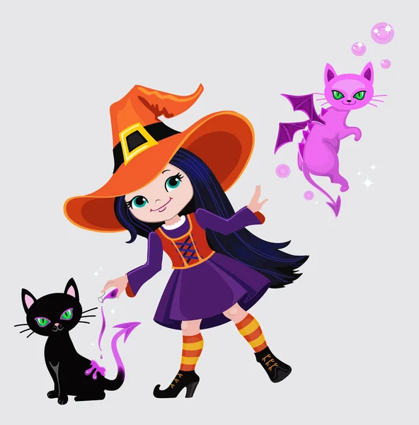Roztomilý Čarodějnice Změní Černá Kočka Draka — Stockový vektor