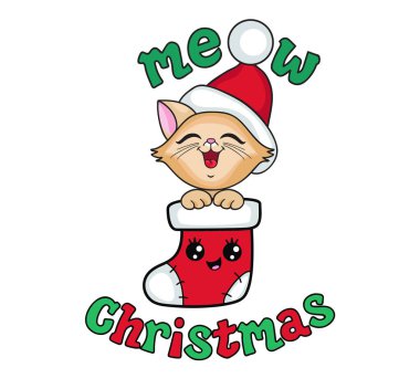 Bir Noel çorap de sevimli kedi. İlk Noel'im. Beyaz arka plan üzerinde izole vektör çizim.