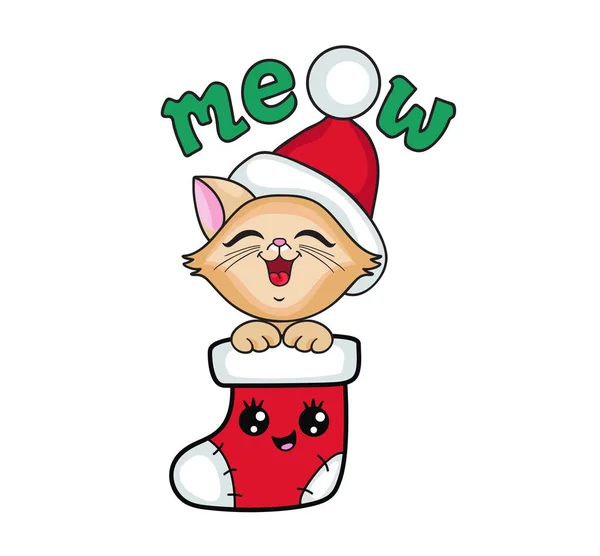 Aranyos Cica Karácsonyi Harisnya Első Karácsony Vektoros Illusztráció Elszigetelt Fehér — Stock Vector