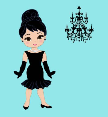 Beautiful retro woman, In little black dress with a gloves. Vector set of icons for retro party.