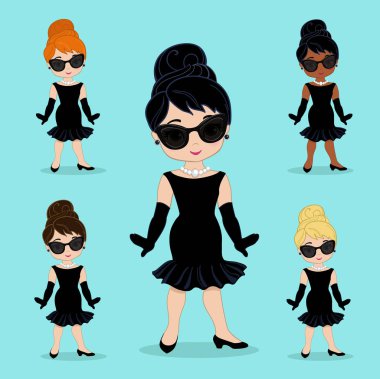 Beautiful retro woman, In little black dress with a gloves. Vector set of icons for retro party. clipart