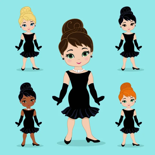 Hermosa Mujer Retro Pequeño Vestido Negro Con Guantes Conjunto Vectorial — Vector de stock