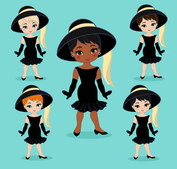 Hermosa Mujer Retro Pequeño Vestido Negro Con Guantes Conjunto Vectorial — Vector de stock