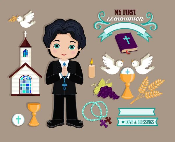 Set Design Elements First Communion Boys Vector Illustration Religious Holidays — Stock Vector