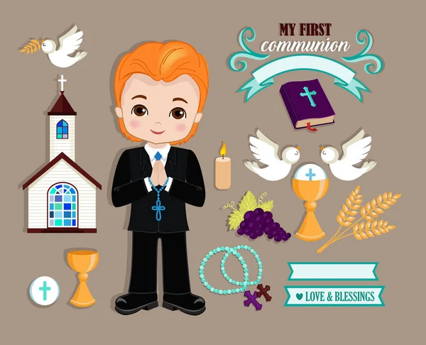 男の子のための最初の聖体拝領のデザイン要素のセットです 宗教的な祝日のためのベクトル図 — ストックベクタ