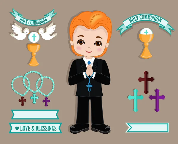 Set Design Elements First Communion Boys Vector Illustration Religious Holidays — Stock Vector