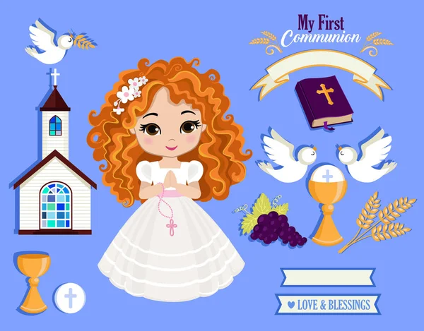 Set of design elements for First Communion for girls. — Stock Vector