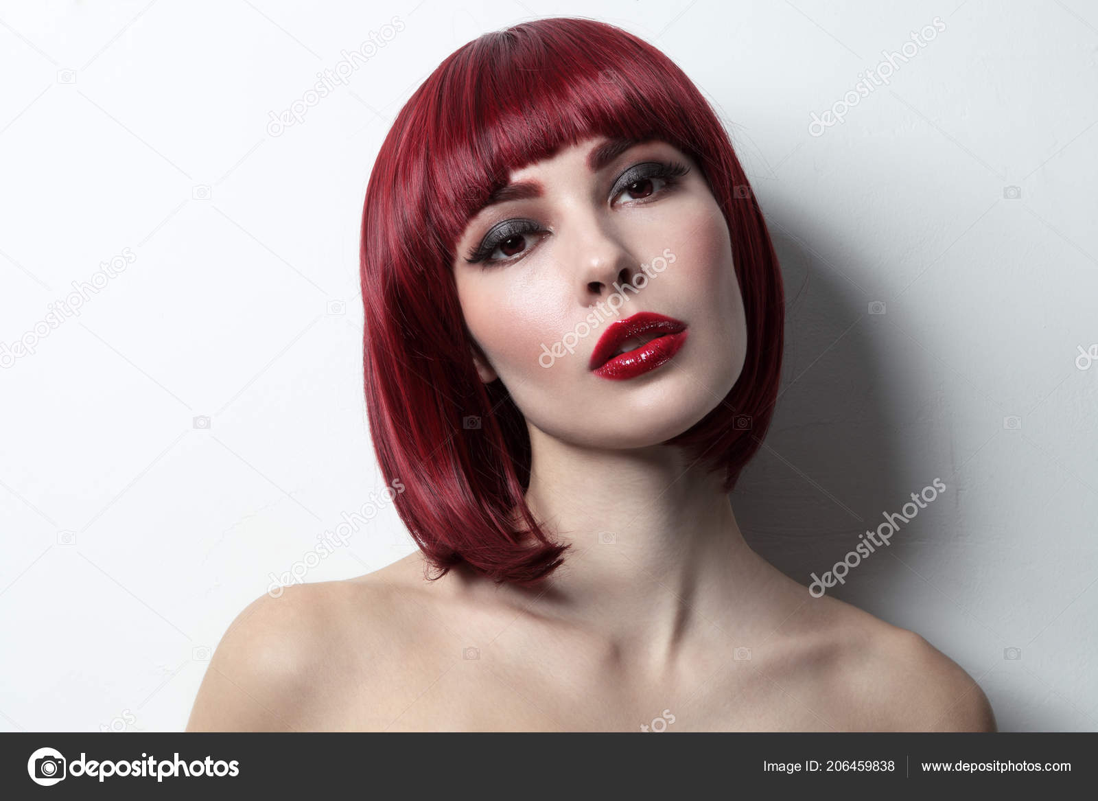 Portrait Young Beautiful Red Haired Girl Bob Haircut Stylish Make