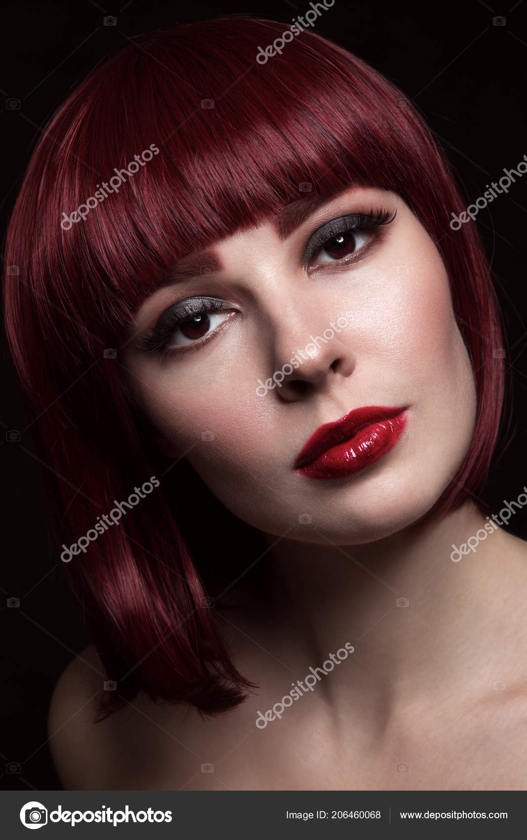 Portrait Young Beautiful Red Haired Girl Bob Haircut Stylish Make