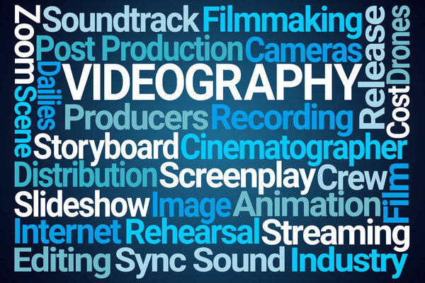 Videography Word Cloud on Blue Background