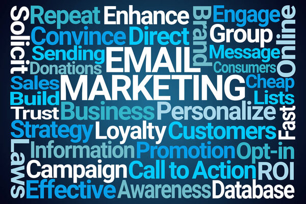 Электронная почта Marketing Word Cloud on Blue Background
