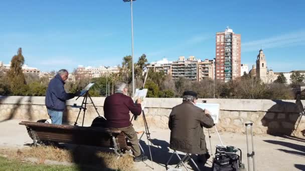 Valencia Espanha Janeiro 2019 Grupo Artistas Pintura Aquarela Parque Público — Vídeo de Stock