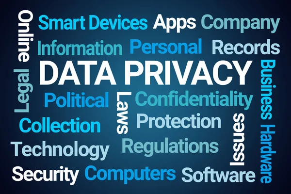 Privacidade Dados Word Cloud Fundo Azul — Fotografia de Stock