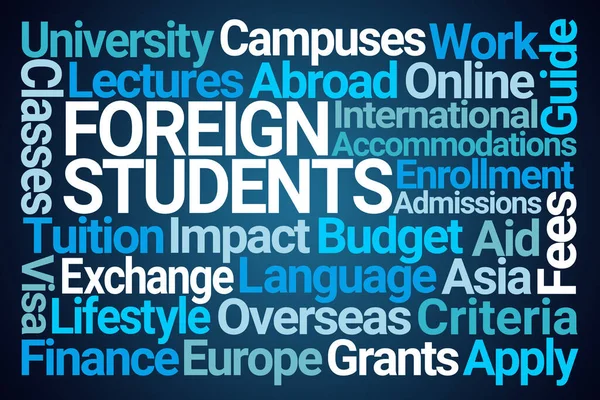 Estudantes Estrangeiros Word Cloud Fundo Azul — Fotografia de Stock