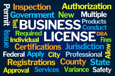 Business License Word Cloud on Blue Background clipart