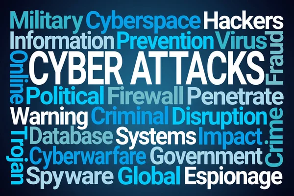 Cyber Ataques Nube Palabras Sobre Fondo Azul —  Fotos de Stock