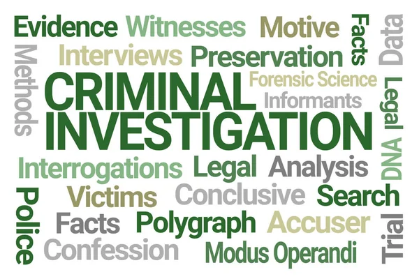 Investigação Criminal Word Cloud Fundo Branco — Fotografia de Stock