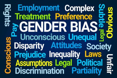 Gender Bias Word Cloud on Blue Background clipart