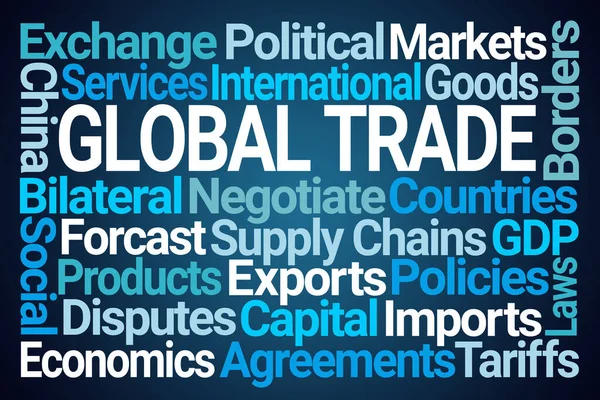 Global Trade Word Cloud on Blue Background