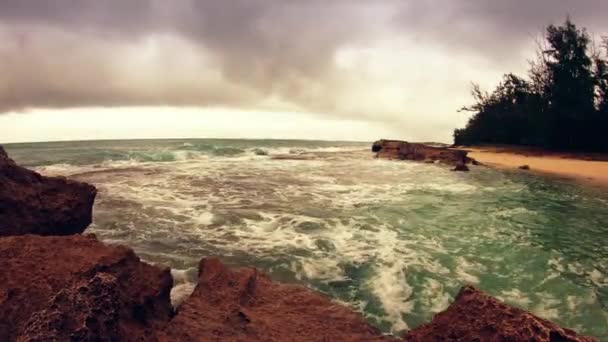 Wide Angle View Looking Out Rocky Cove Hawaii — Stok Video