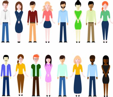 Beyaz arka planda günlük kıyafetlerle duran seçici bir kadın ve erkek grubu..