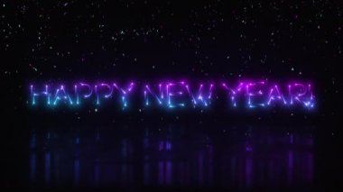 Modern çok renkli kovalayan neon tabela Mutlu Yıllar 'ı heceliyor! Düşen konfeti, ortaya çıkarma ve sonunda 10 saniyelik döngü..