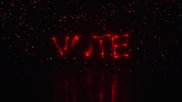 Modern Multi Colored Chasing Neon Sign Spells Vote Falling Confetti — Stock Video