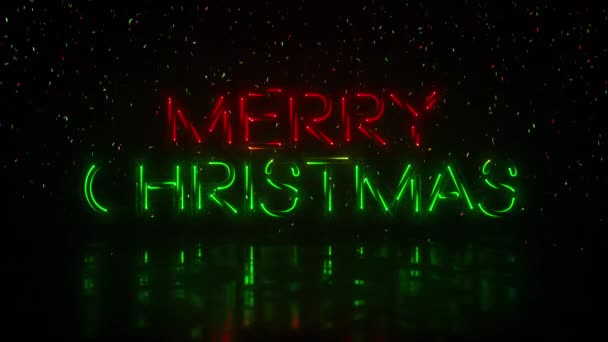 현대의 빨간색과 녹색의 네온을 사인은 크리스마스가 떨어지고 Confetti 마지막에 — 비디오