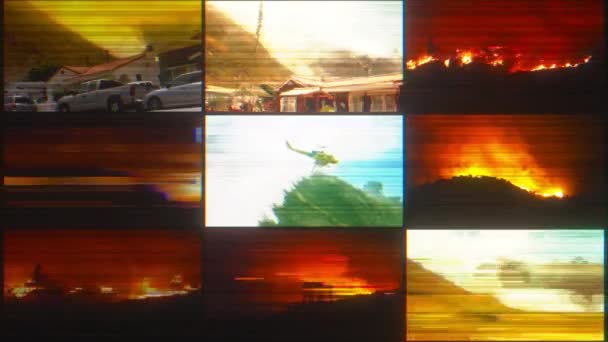 Looping Fire Disaster Surveillance Footage Multi Display Grid Con Scanlines — Vídeos de Stock