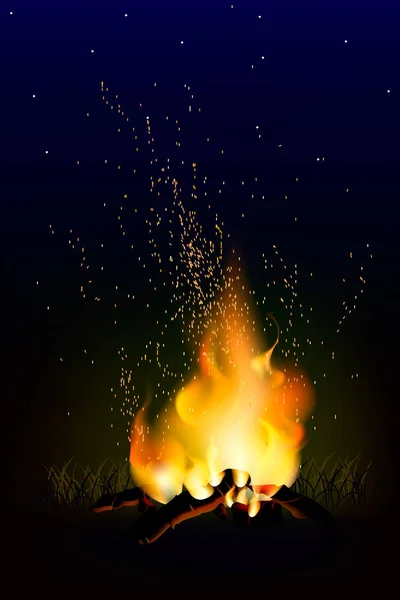 Api dengan percikan api di udara di atas malam yang gelap - Stok Vektor