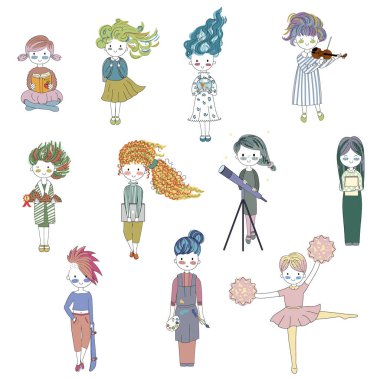 vektör çizim karakter mutlu kız Doodle çizgi film tarzı.