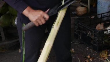 Closeup işçi kesim taze şeker kamışı içinde belgili tanımlık çarşı