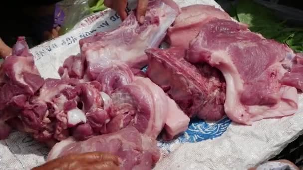 Крупным планом люди выбирают мясо для покупки на местном рынке — стоковое видео