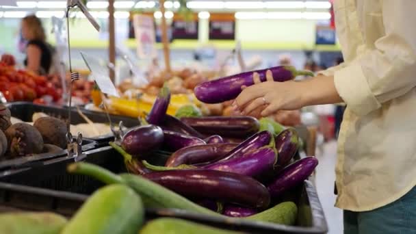 Hand on fresh aubergines - eggplants, closeup. female choosing vegetables at supermarket — Stock Video