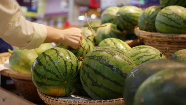 Mãos femininas escolhendo melancia fresca no supermercado — Vídeo de Stock