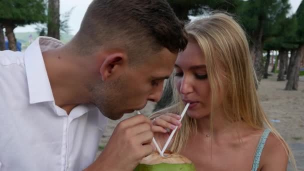 Young happy couple sitting in the park talking laughing and drinking a coconut . Romantic concept. HD, 1920x1080. — Stock Video