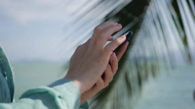 Arka plan deniz ve palmiye ağaçları üzerinden akıllı telefon kullanarak WOMANS eller. Kız dokunuşunda ekran