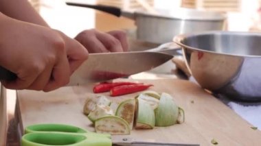 Kadın elleri açık havadaki mutfakta sebze ve yeşillikleri kesti. Bir kadın bıçak ve aşçı kullanır. Adım, yemek çorba Tom Yam. Tay mutfağı yakın çekim. 4k