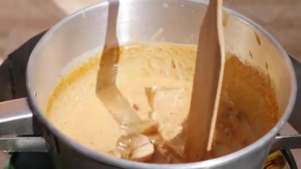 Step by step cooking tom yam soup. Chicken fillet added to boiling coconut milk with chili paste. Thai cuisine. Closeup. 4k — Stock Footage Step by step cooking tom yam soup. Chicken fillet added to boiling coconut milk with chili paste. Thai cuisine. Closeup. 4k Video Clip