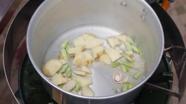 Lemongrass e gengibre em uma panela. Passo a passo cozinhar sopa Tom Kha Gai. Cozinha tailandesa. Fecha a porta. 4k — Vídeo de Stock