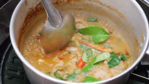 Stap voor stap koken Tom Yam soep. Pittige chili pepers en kruiden worden toegevoegd aan kokende soep. Thaise gerechten. Close-up. 4k — Stockvideo