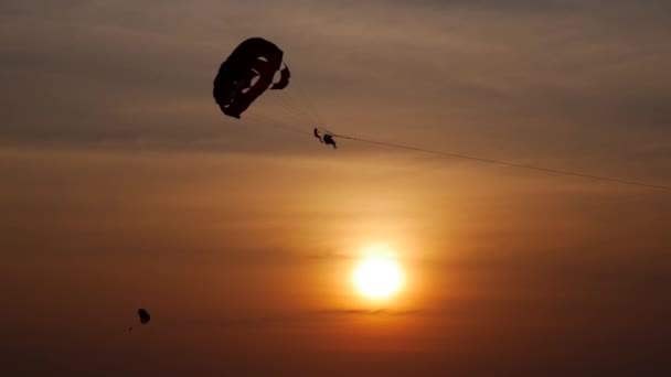Parachute activity at tropical beach at sunset. Calm sea waters and. Beach recreations with parachute. Towing a parachute behind a boat over the sea. Silhouette of the parachute against the setting — Stock Video