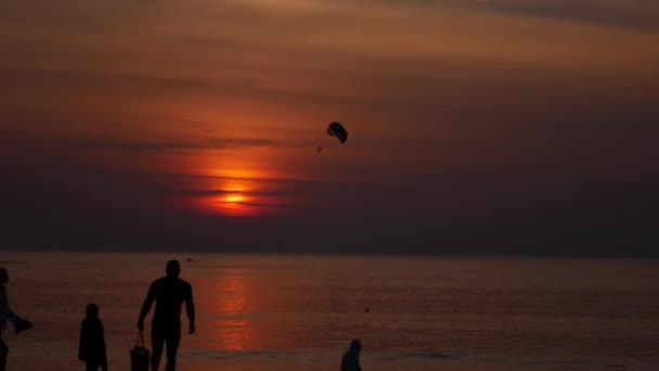 日落时分在热带海滩进行跳伞活动。人们在沙滩上散步，在海里游泳的剪影。平静的海水和海滩休闲与降落伞。牵引降落伞后 — 图库视频影像