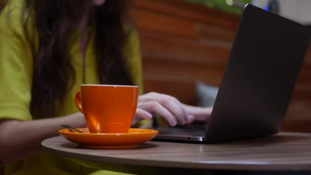 Frau arbeitet an einem Laptop mit einer Tasse Kaffee auf dem Tisch, entfernte Arbeit von einem Café. freiberufliches Arbeitskonzept. 4k — Stockvideo