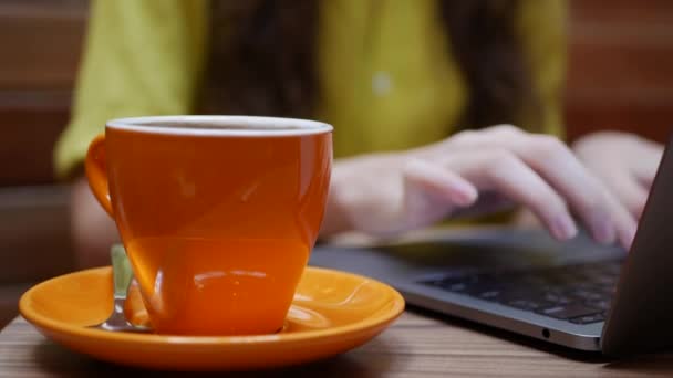 Mujer trabajando en un portátil con una taza de café en la mesa, trabajo distante de un café. Concepto de trabajo independiente. 4k — Vídeo de stock