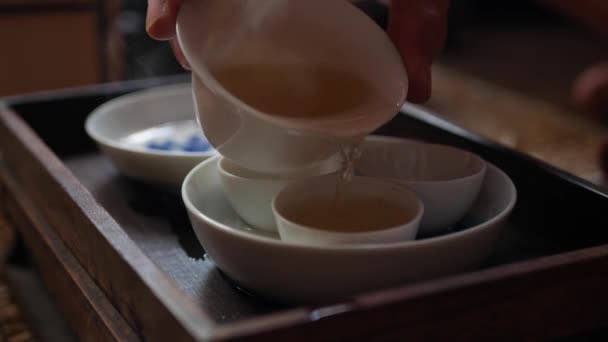 Maestro del té vierte el té verde en tazas de té para gaiwan o zhong. Gongfu chino tradicional o ceremonia del té de kung fu. Elemento de la cultura tradicional china. Primer plano. 4k — Vídeos de Stock