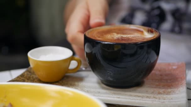 Frau Hand nimmt Tasse Cappuccino mit Zimt im Café. Kaffeepause. Nahaufnahme — Stockvideo