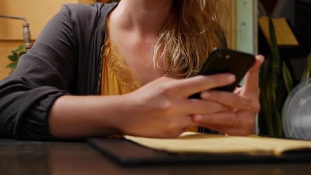 Happy girl utilise un smartphone, écrit un message, bavarde. Jeune femme cherchant des informations au téléphone. Assis au restaurant avec des amis. Heure du petit déjeuner — Video