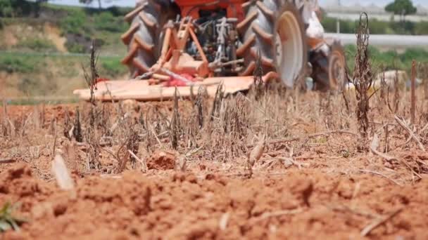 Traktor pflügt den staubigen trockenen Boden um und bereitet das Feld für die Aussaat vor. Biologischer Landbau. Landwirtschaft und Agrarindustrie. — Stockvideo